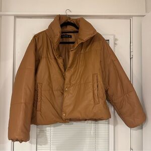 Lioness: brown faux leather puffer jacket